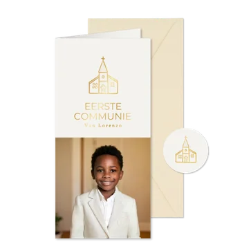 Langwerpige communiekaart met foto en gouden kerkje